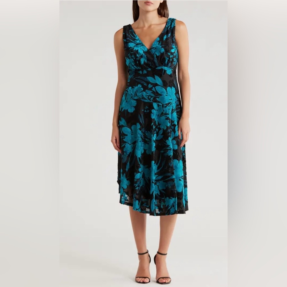 Connected Apparel Teal and Black Midi Dress